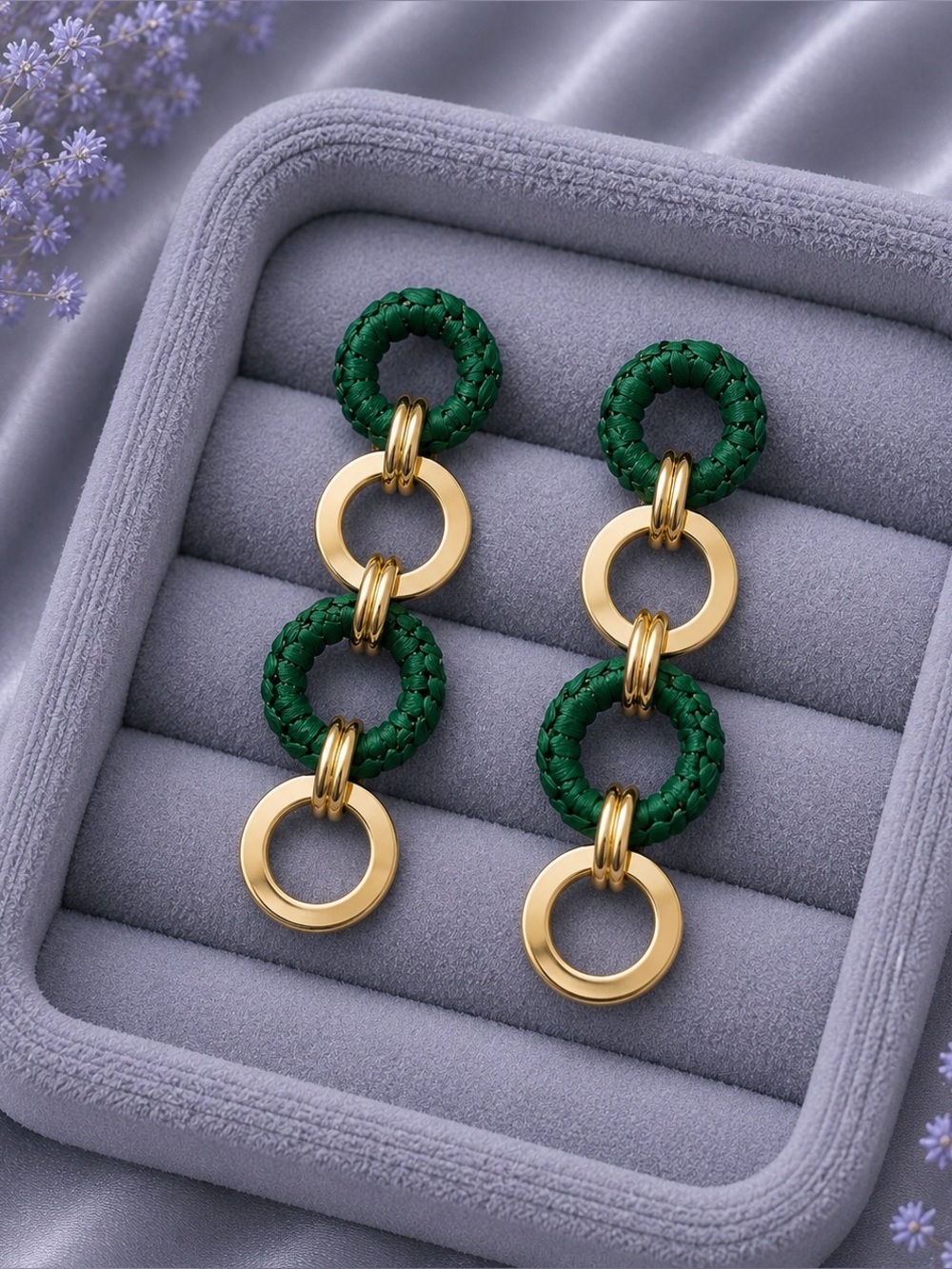 Green Braided Hoop Drop Earrings with Gold Rings - Picture 2 of 2